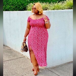 Floral Print Off Shoulder Split Thigh Dress— Size 2XL